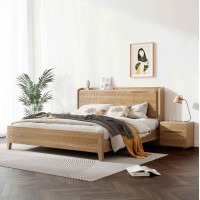 朗朝现代极简白蜡木家具：L2602#功能床（原木色）、L262#床头柜