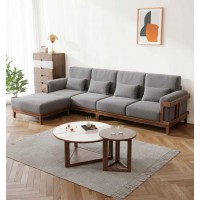 朗朝现代极简白蜡木家具：L2803#转角沙发（胡桃色）、L282#大圆几、L282#小圆几